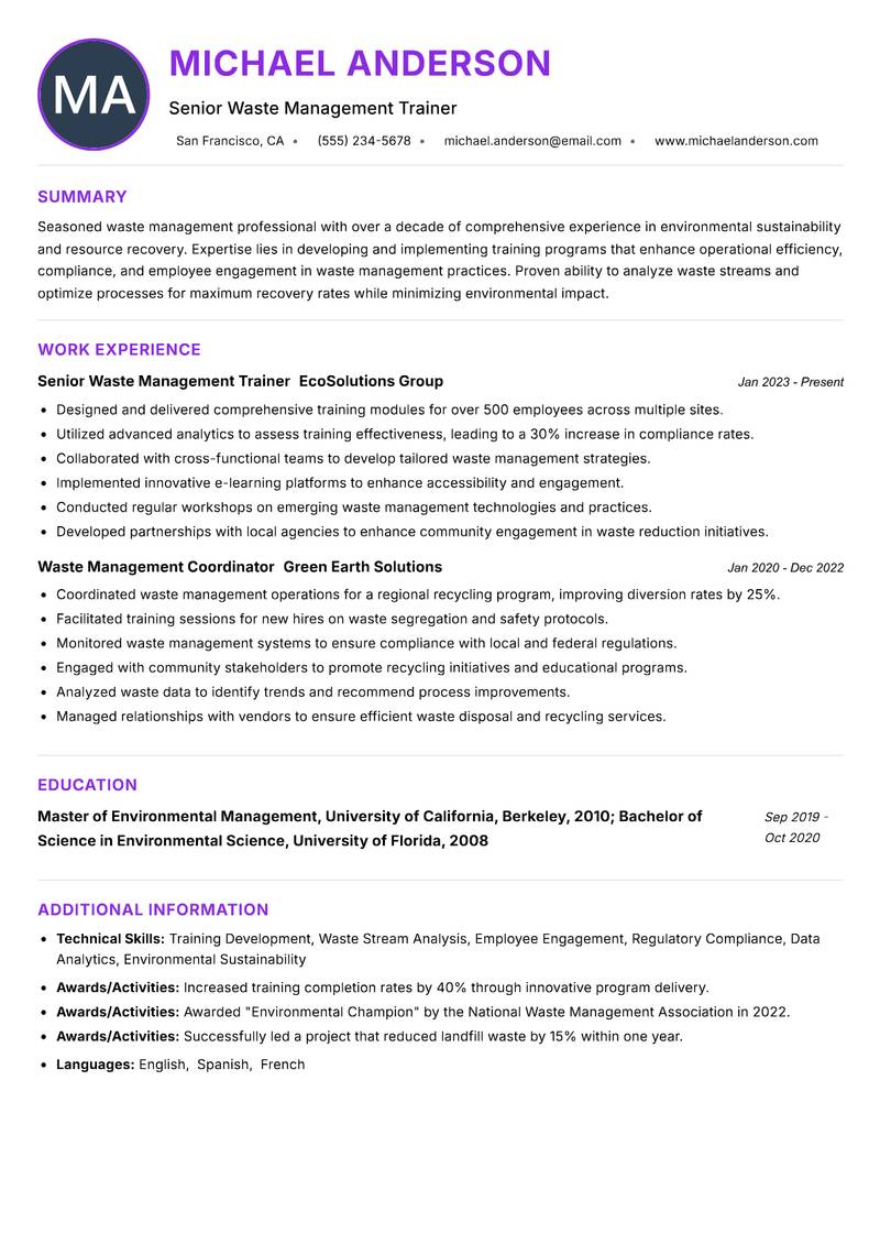 Waste Management Trainer resume example — ATS-friendly template