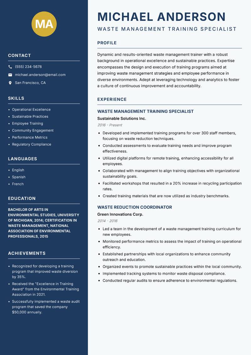 Waste Management Trainer resume template — Classic Clean