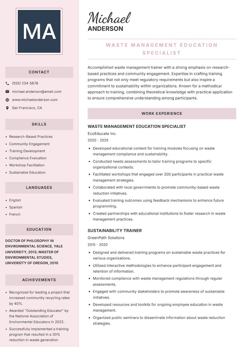 Waste Management Trainer resume template — Executive