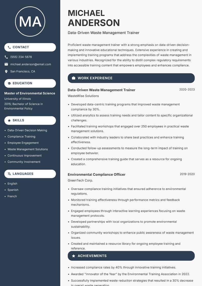 Waste Management Trainer resume template — Compact