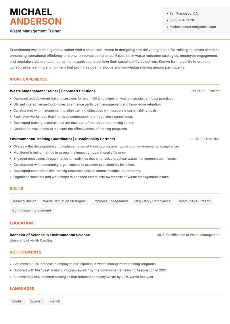 Waste Management Trainer resume template — Modern Professional