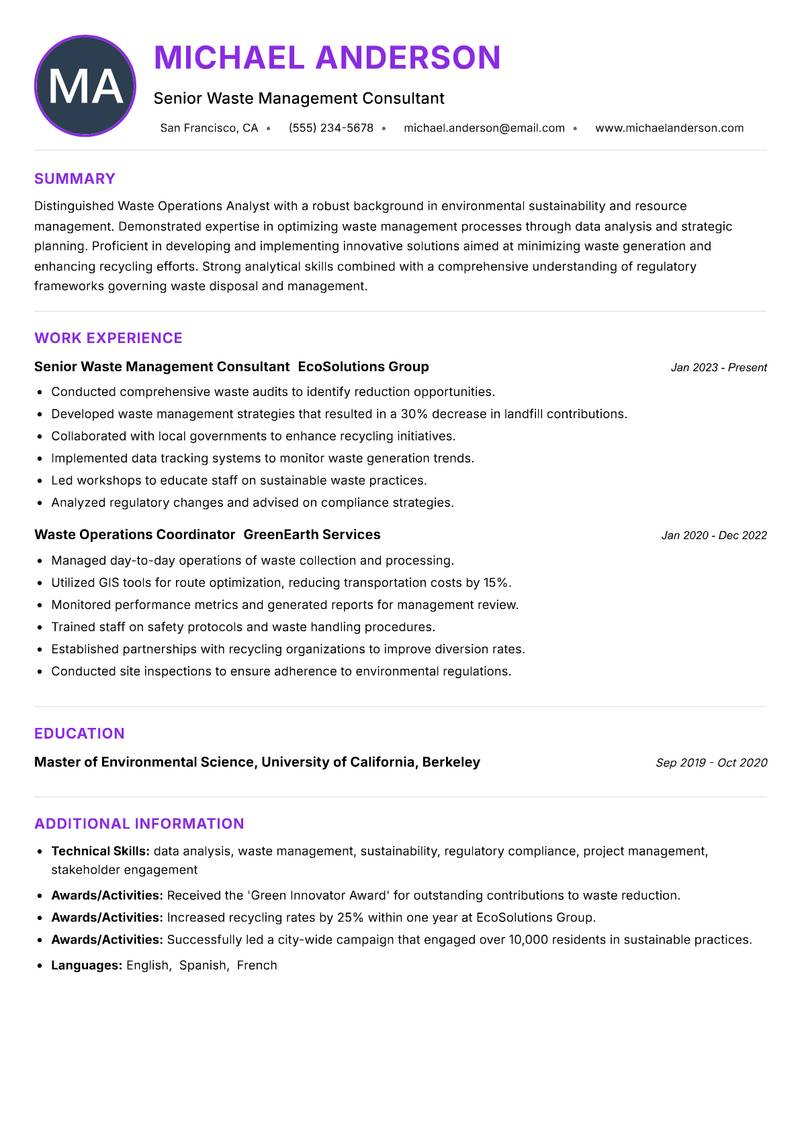 Waste Operations Analyst resume example — ATS-friendly template