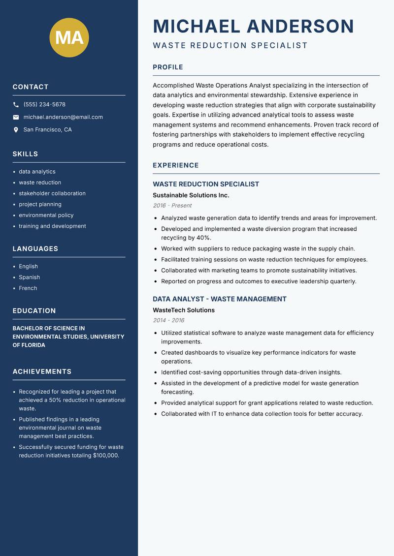 Waste Operations Analyst resume template — Classic Clean