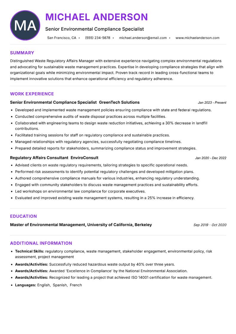 Waste Regulatory Affairs Manager resume example — ATS-friendly template