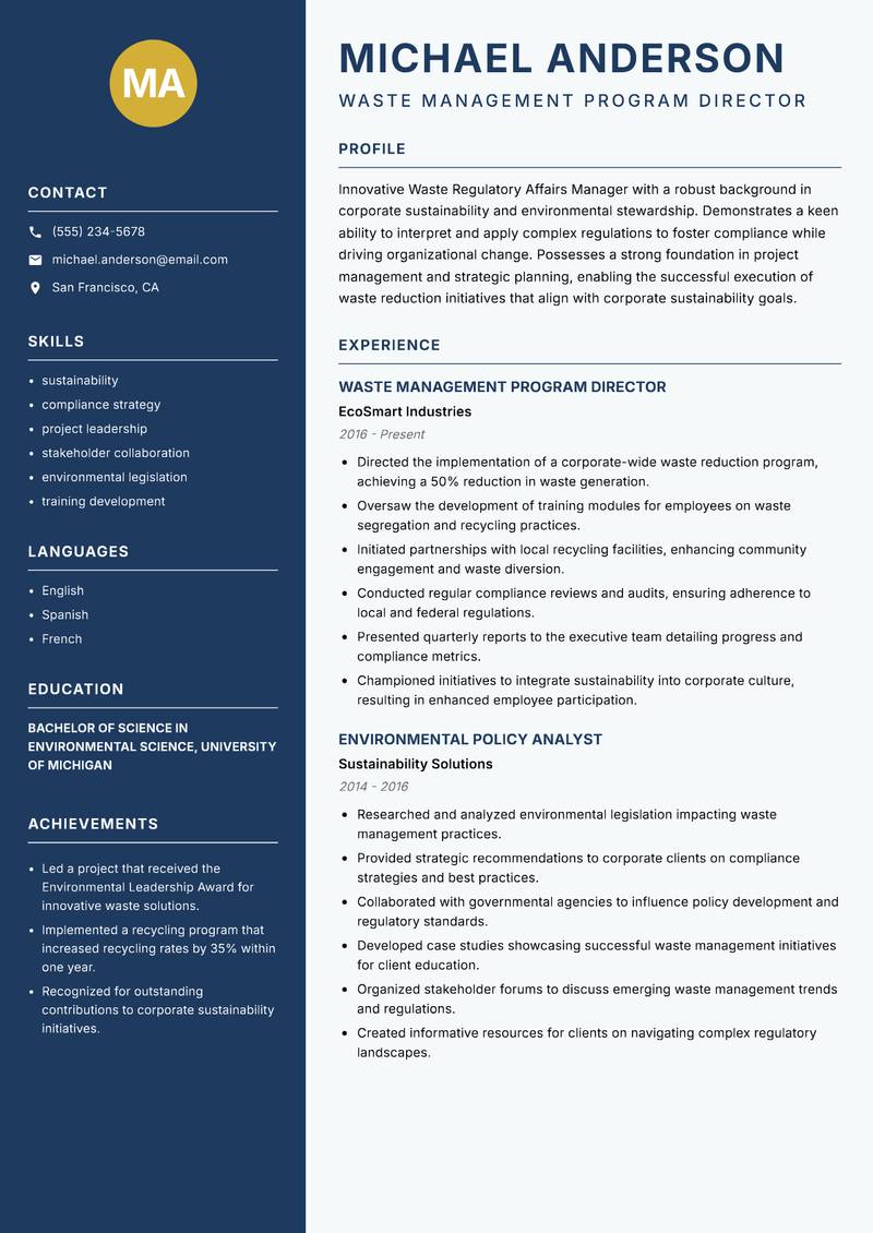 Waste Regulatory Affairs Manager resume template — Classic Clean