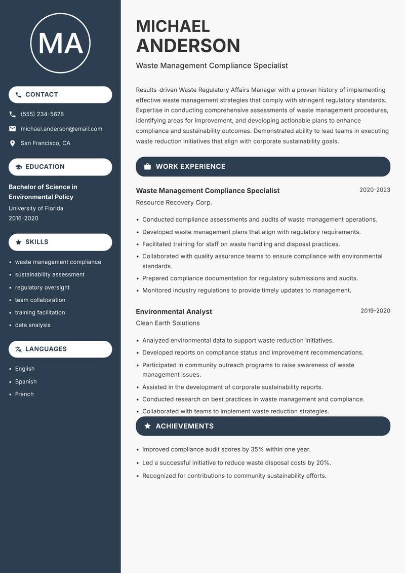 Waste Regulatory Affairs Manager resume template — Compact
