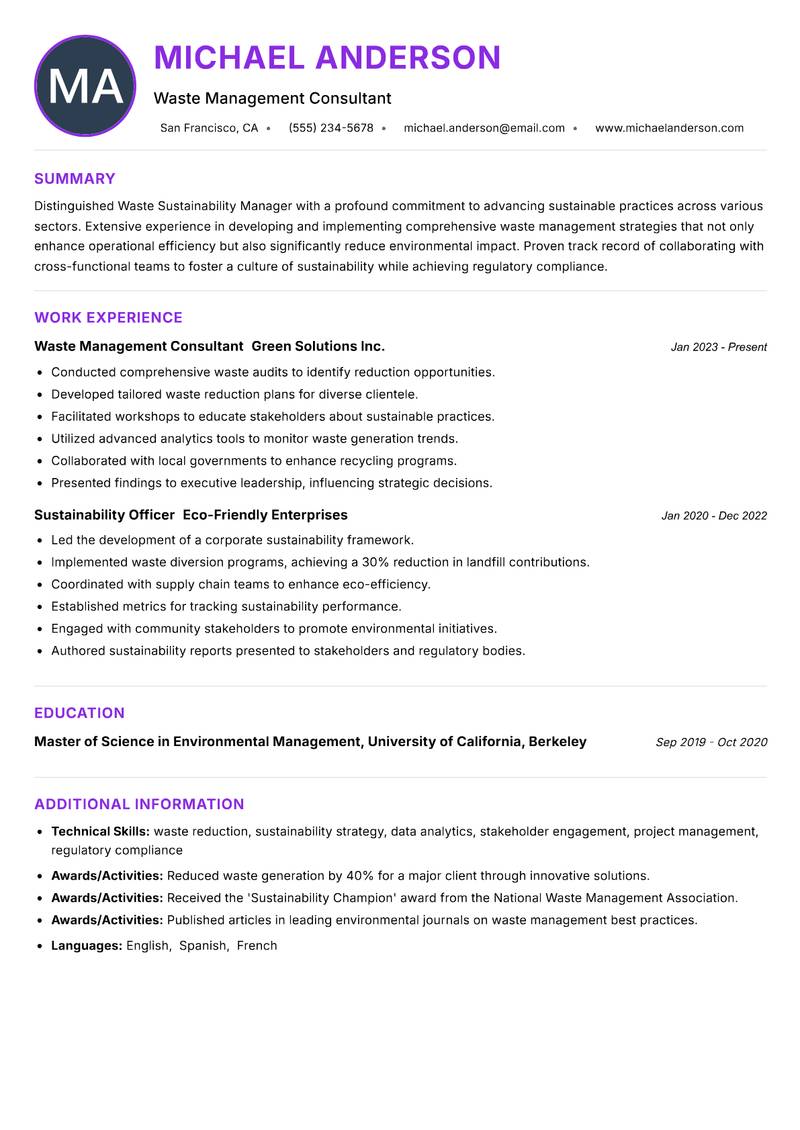 Waste Sustainability Manager resume example — ATS-friendly template
