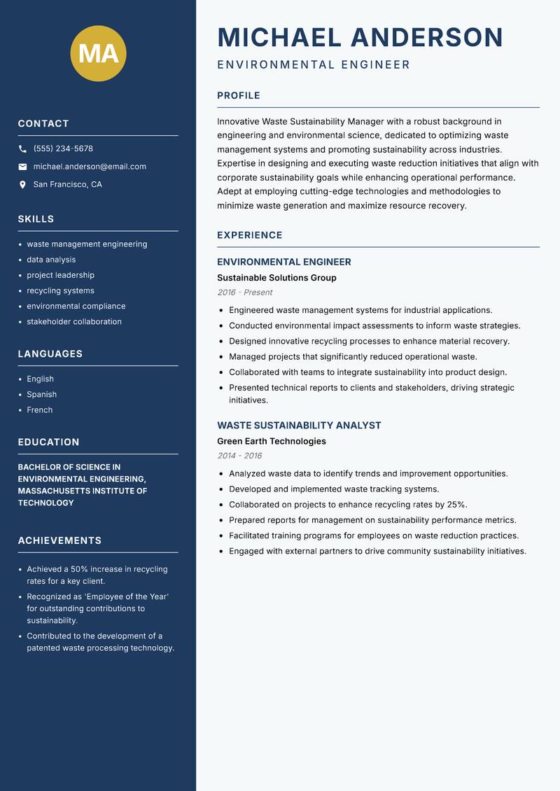 Waste Sustainability Manager resume template — Classic Clean