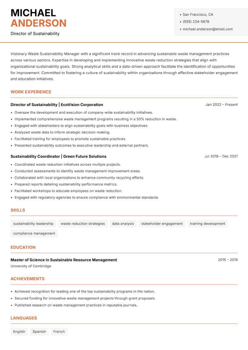 Waste Sustainability Manager resume template — Modern Professional