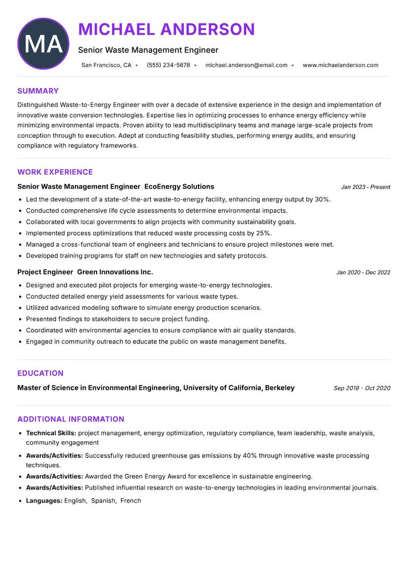 Waste-to-Energy Engineer resume example — ATS-friendly template