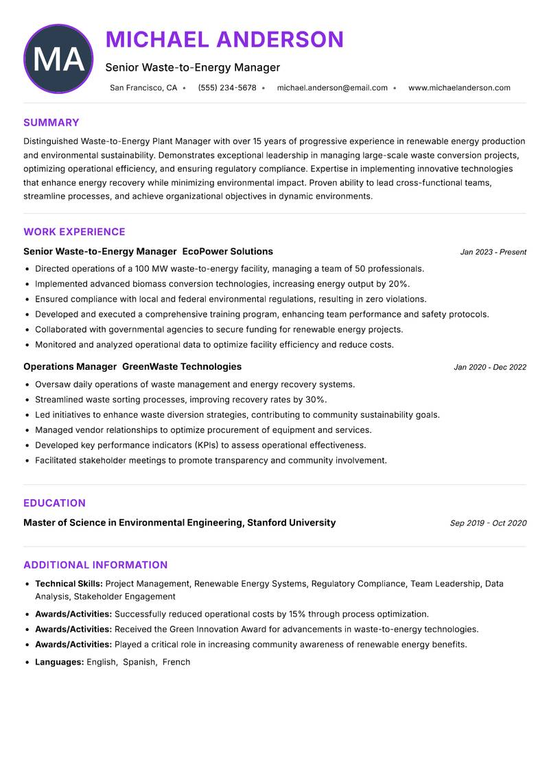 Waste-to-Energy Plant Manager resume example — ATS-friendly template