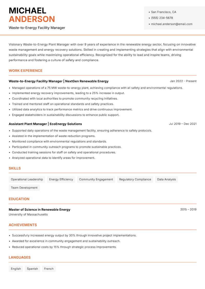 Waste-to-Energy Plant Manager resume template — Modern Professional