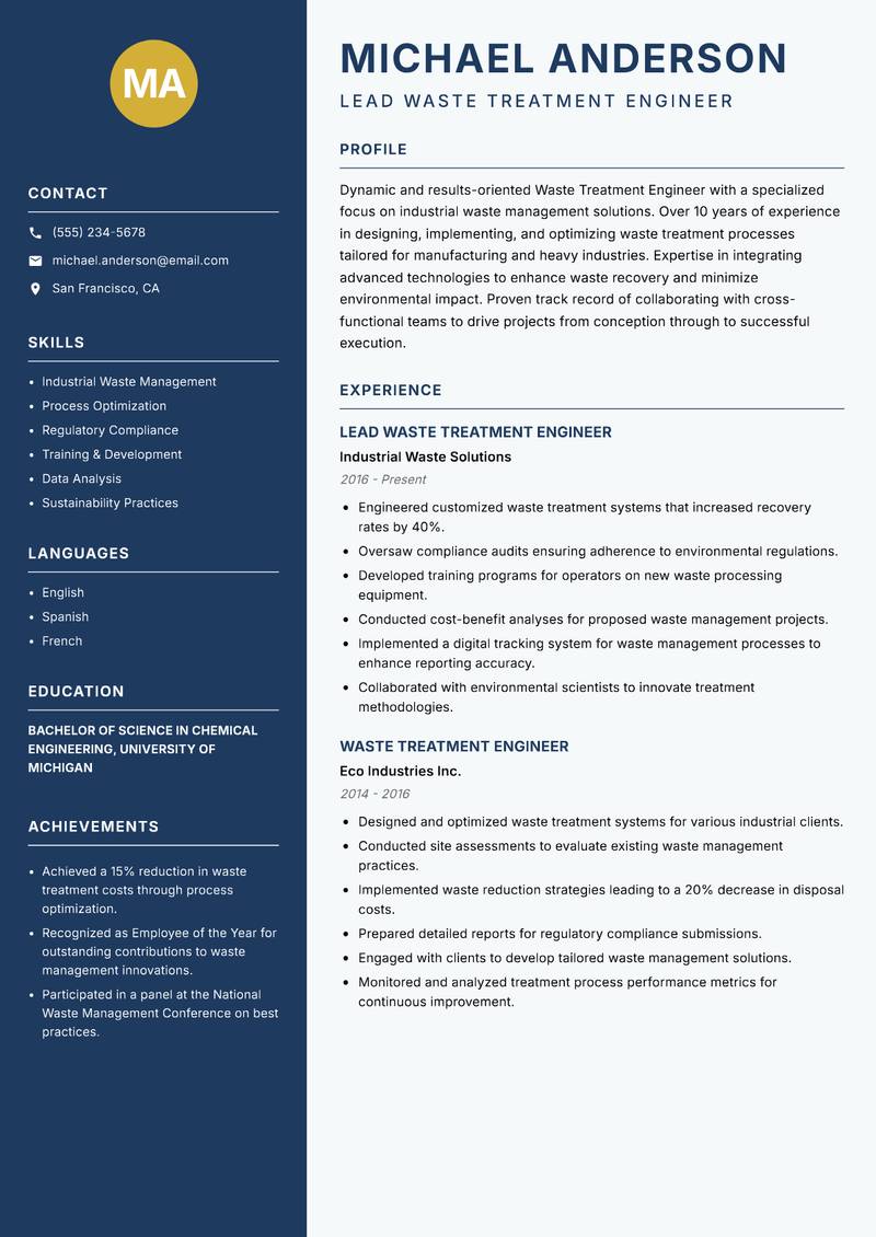 Waste Treatment Engineer resume template — Classic Clean