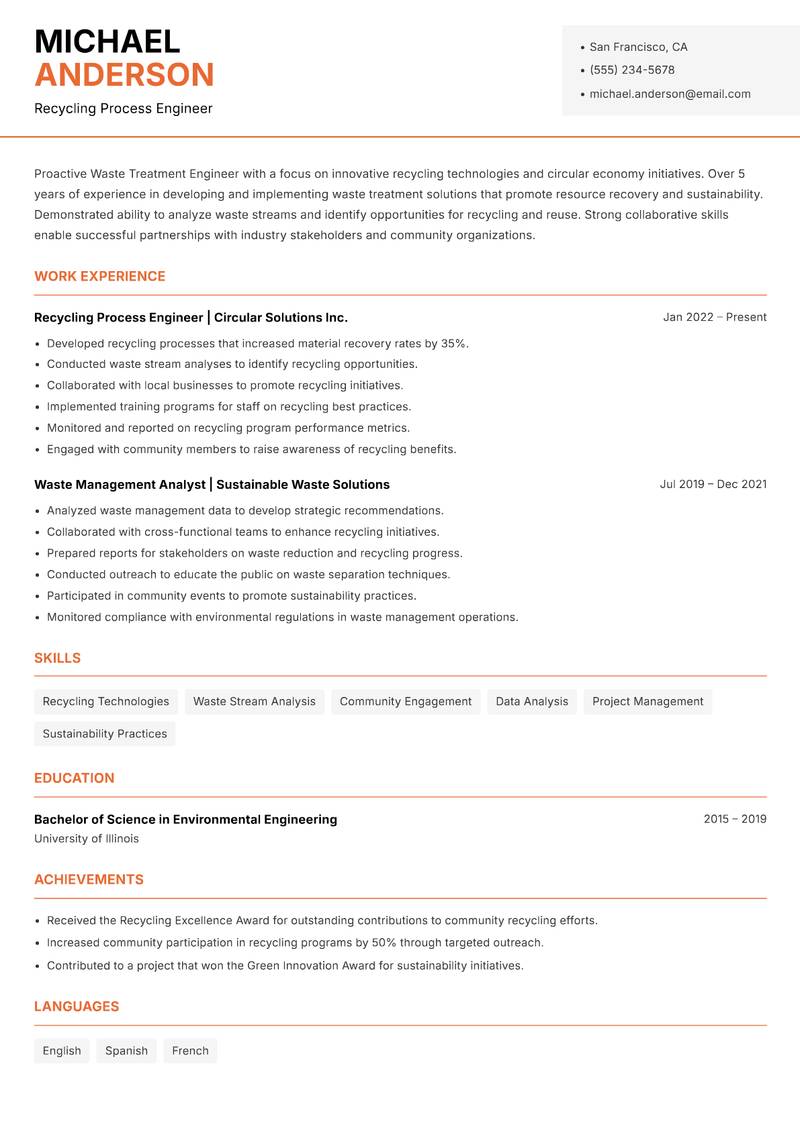 Waste Treatment Engineer resume template — Modern Professional