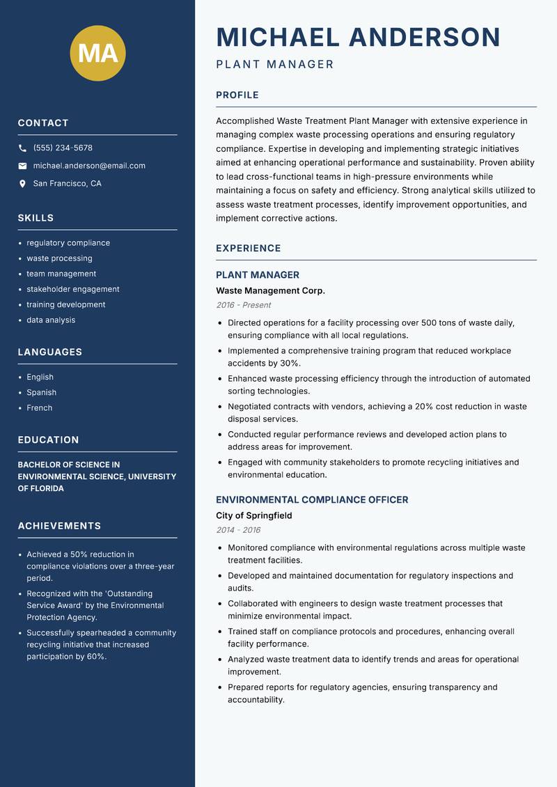 Waste Treatment Plant Manager resume template — Classic Clean