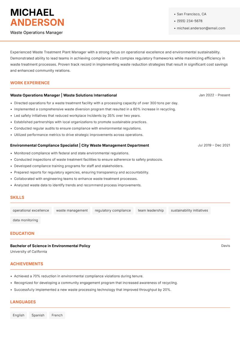 Waste Treatment Plant Manager resume template — Modern Professional