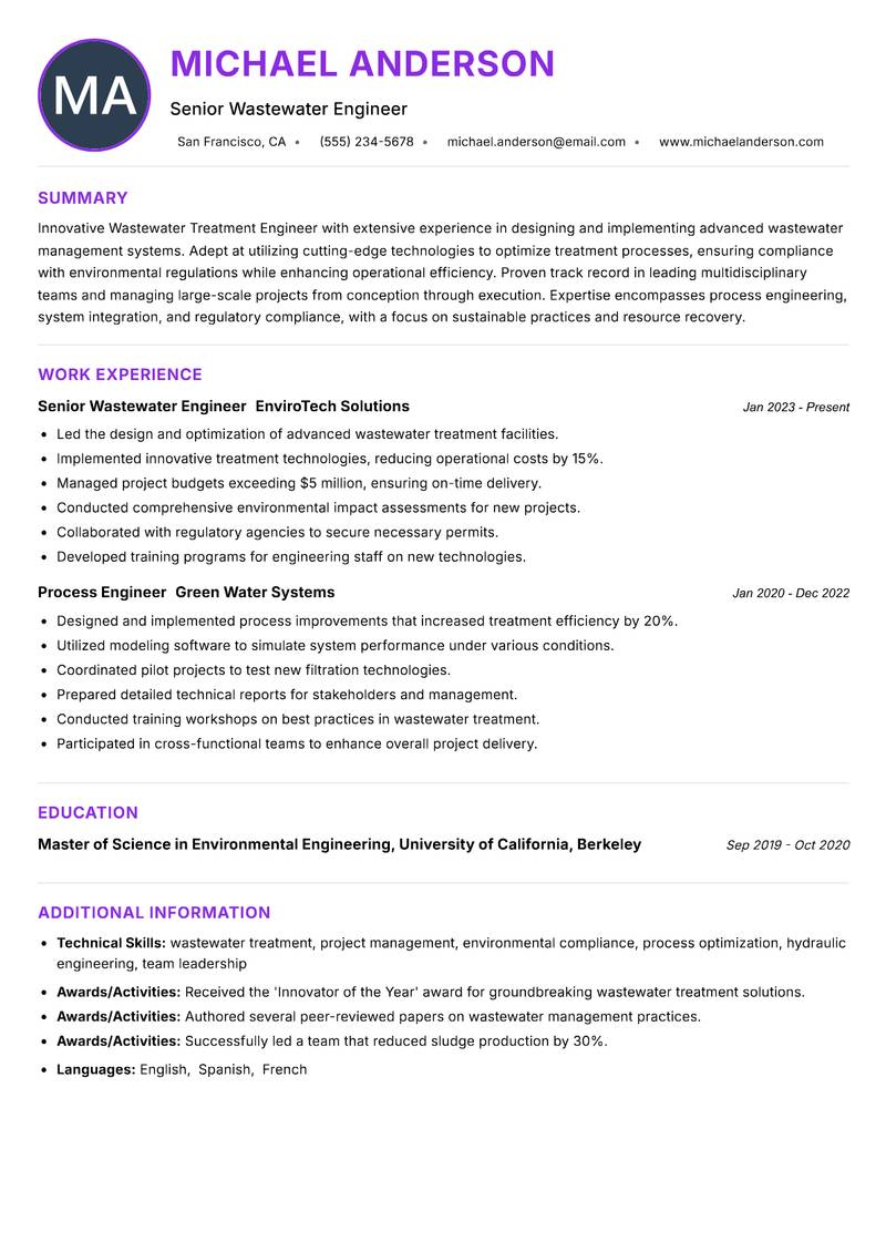 Wastewater Treatment Engineer resume example — ATS-friendly template