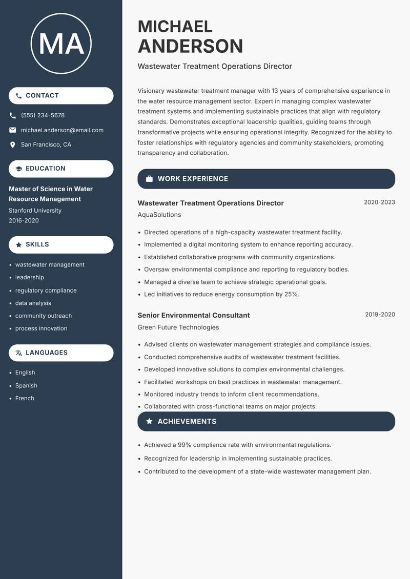 Wastewater Treatment Manager resume template — Compact