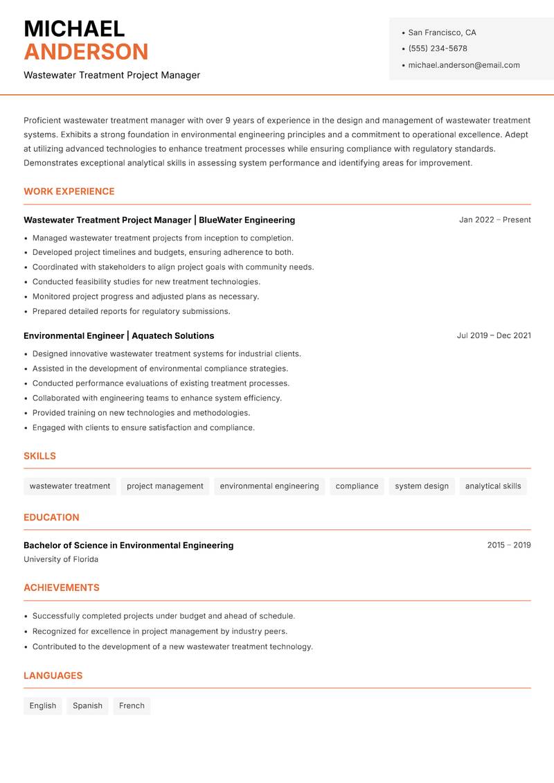 Wastewater Treatment Manager resume template — Modern Professional