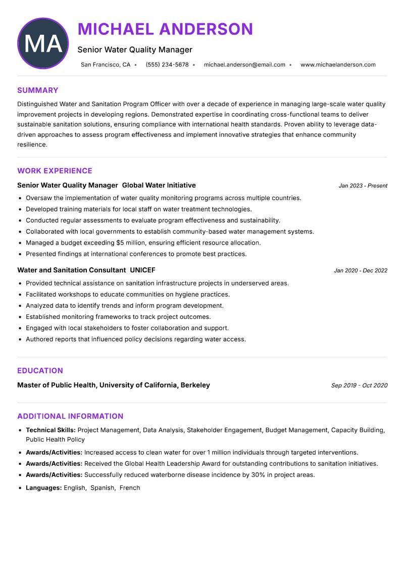 Water and Sanitation Program Officer resume example — ATS-friendly template