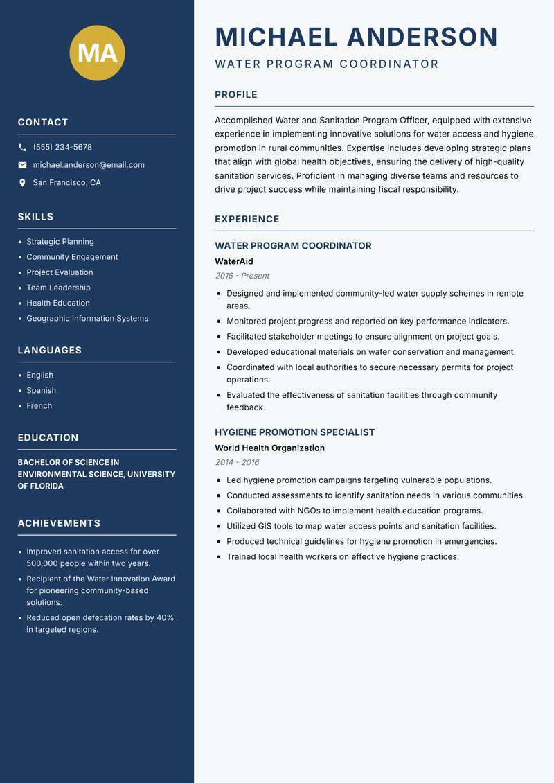 Water and Sanitation Program Officer resume template — Classic Clean