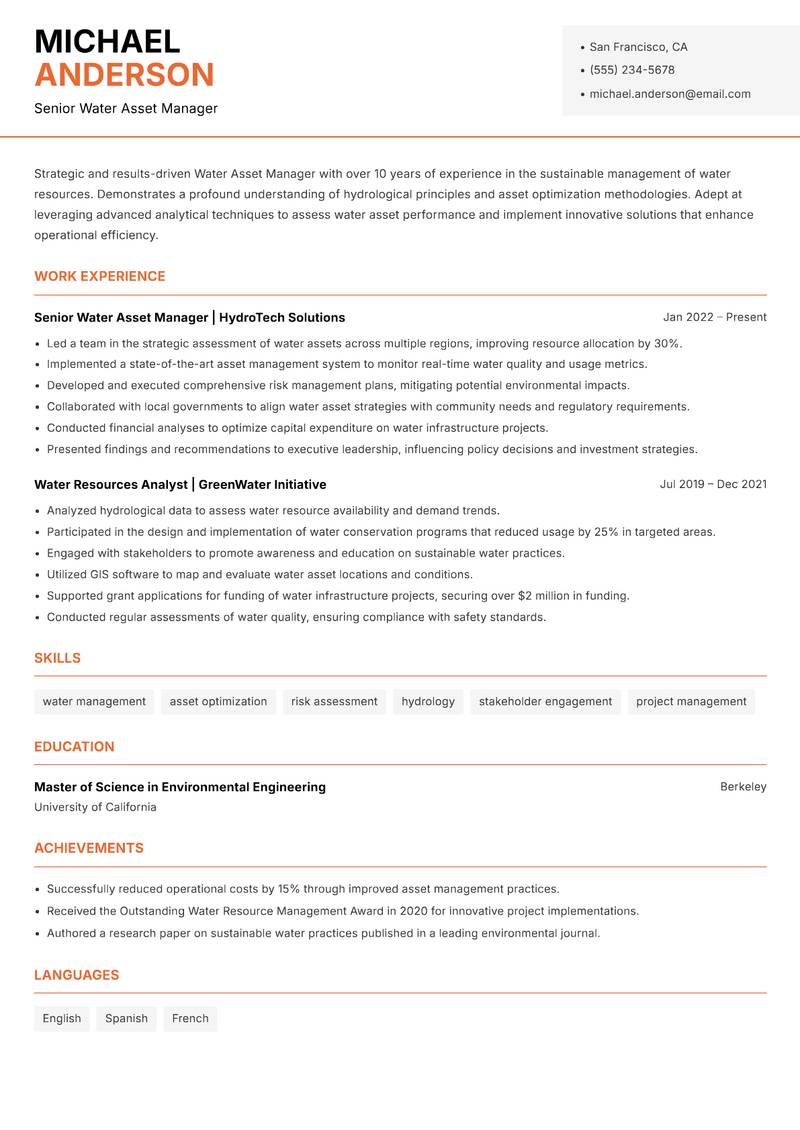 Water Asset Manager resume template — Modern Professional