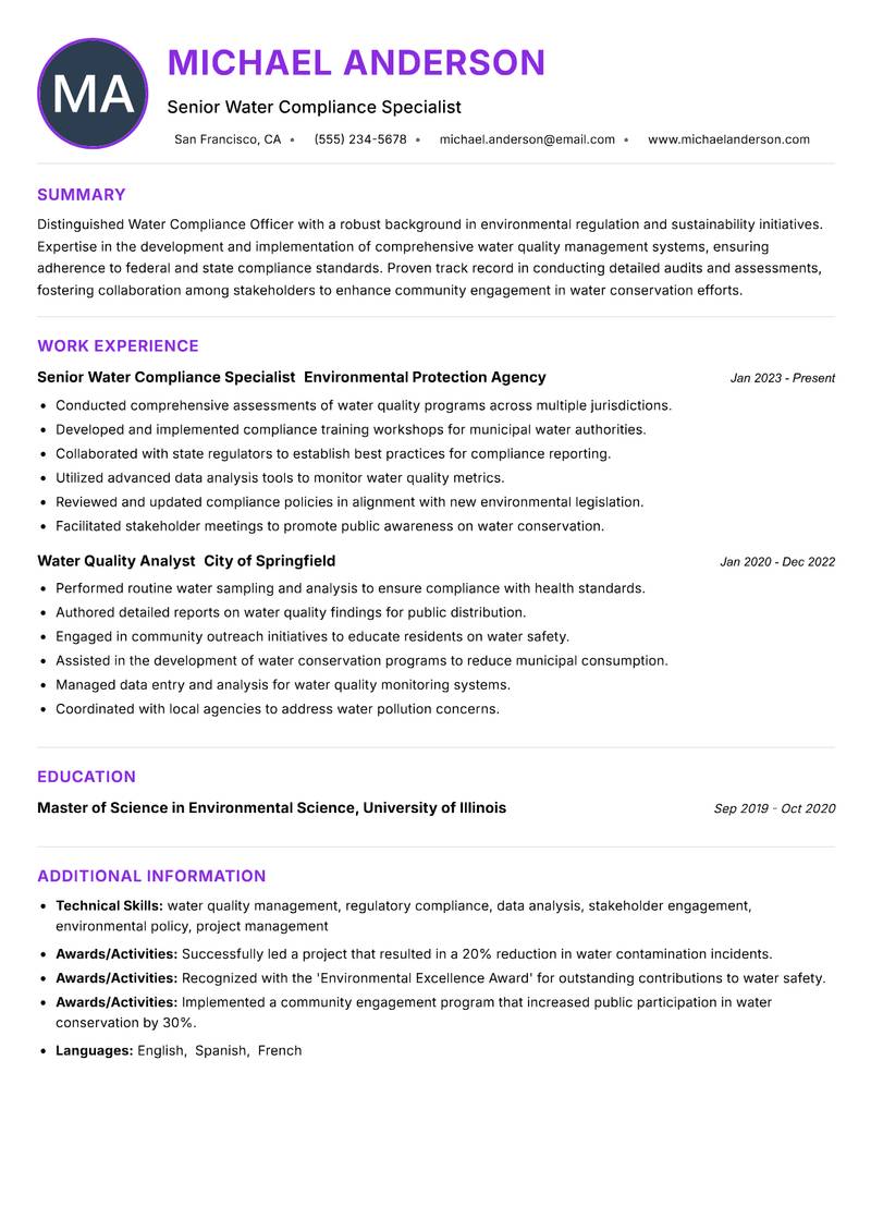 Water Compliance Officer resume example — ATS-friendly template