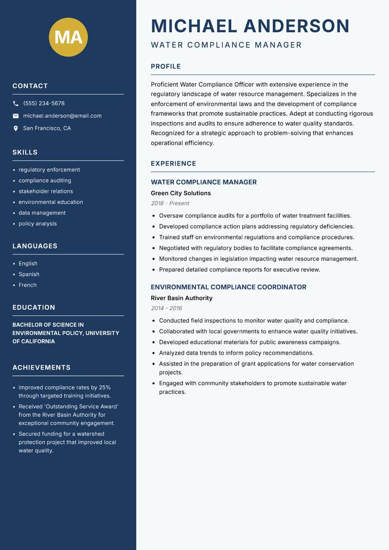 Water Compliance Officer resume template — Classic Clean
