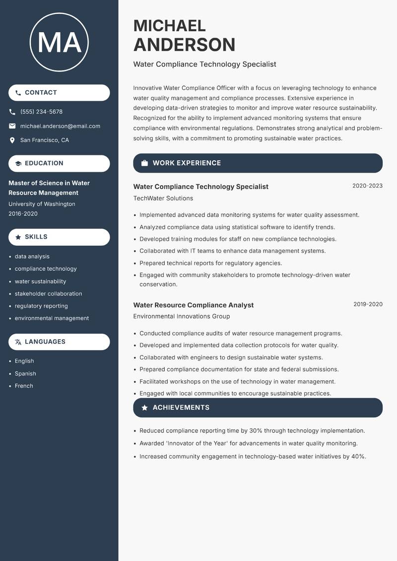 Water Compliance Officer resume template — Compact