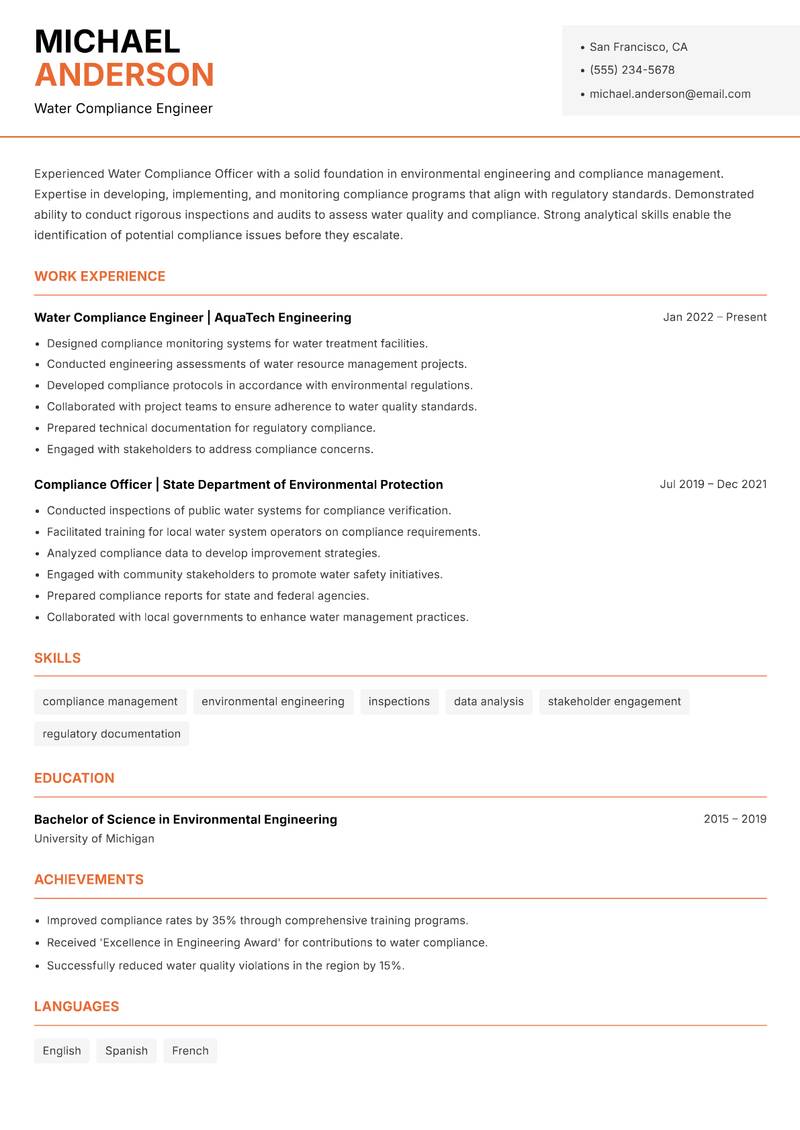 Water Compliance Officer resume template — Modern Professional