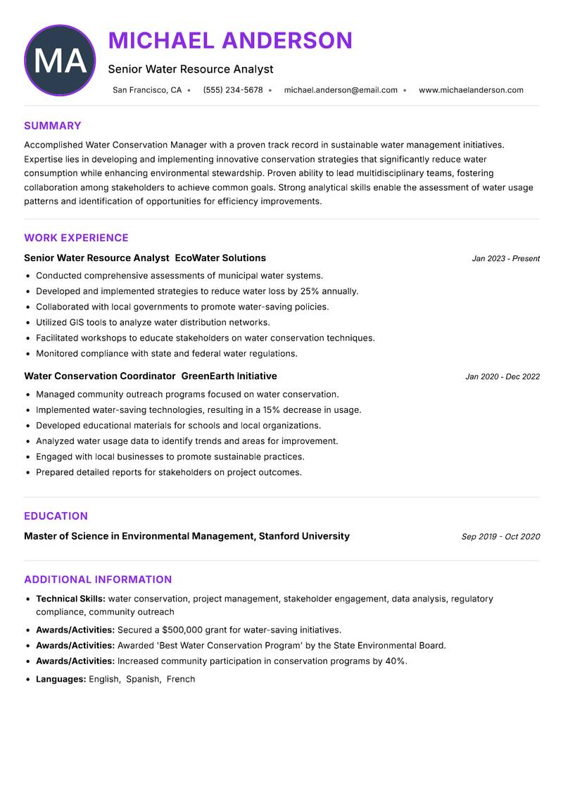 Water Conservation Manager resume example — ATS-friendly template