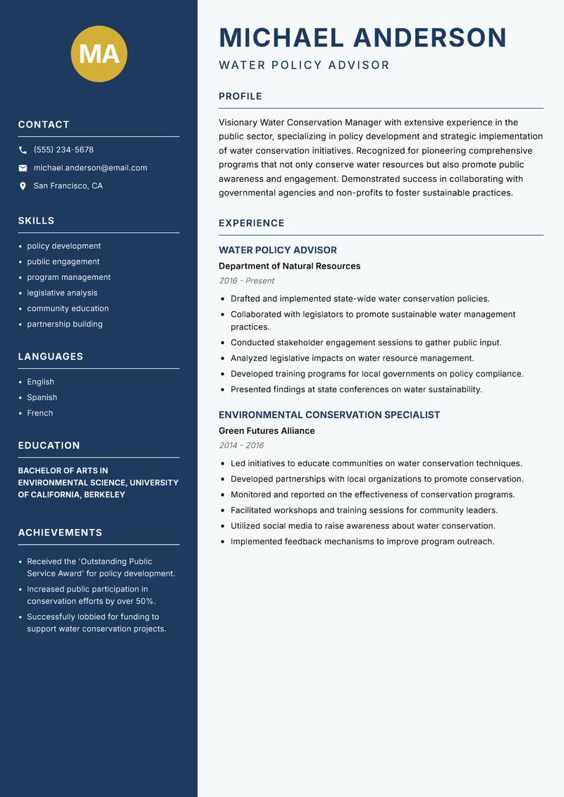 Water Conservation Manager resume template — Classic Clean