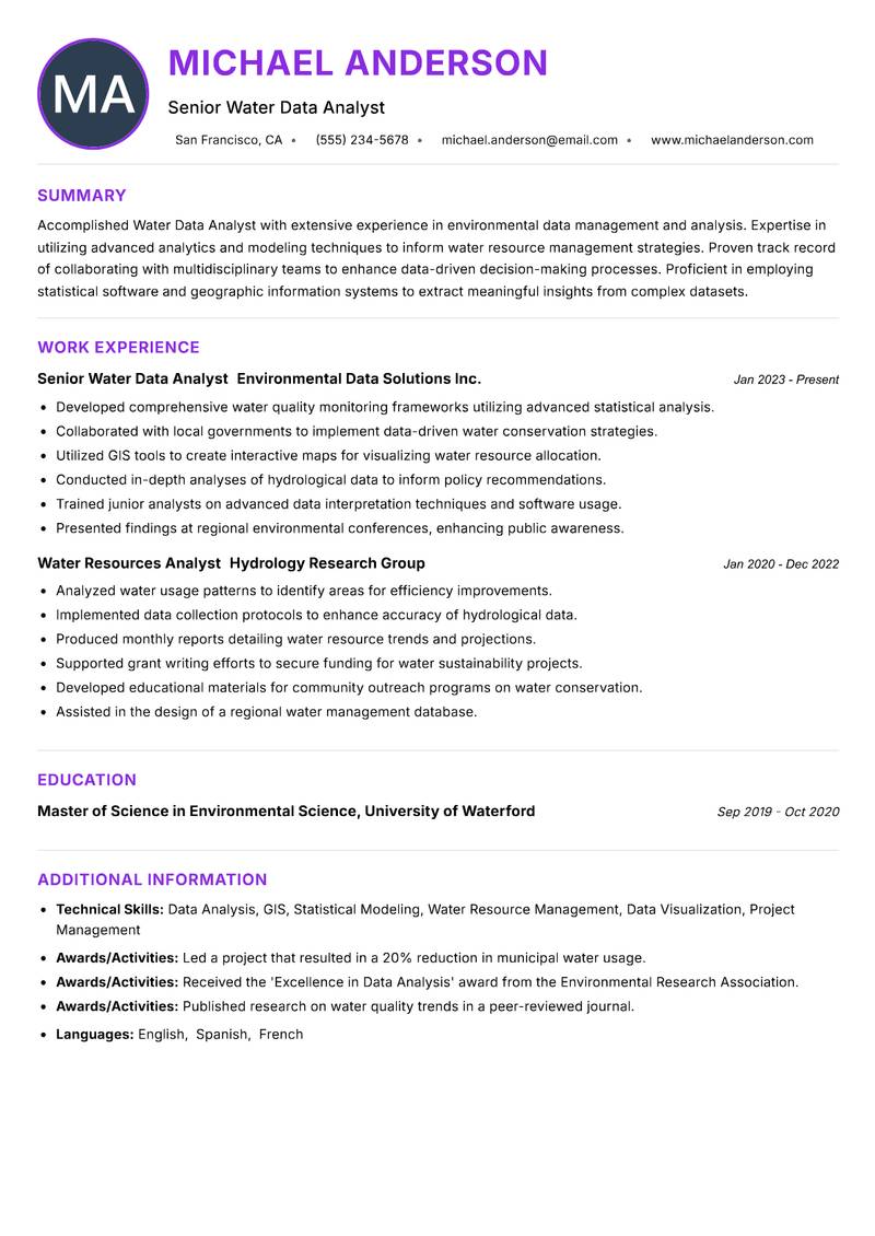 Water Data Analyst resume example — ATS-friendly template