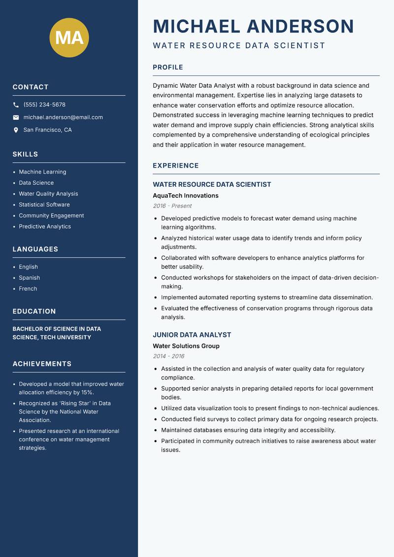 Water Data Analyst resume template — Classic Clean