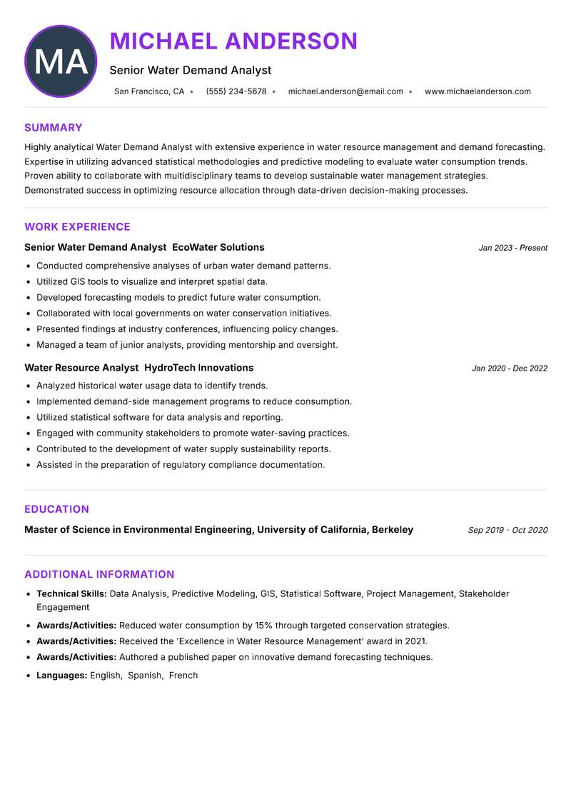 Water Demand Analyst resume example — ATS-friendly template