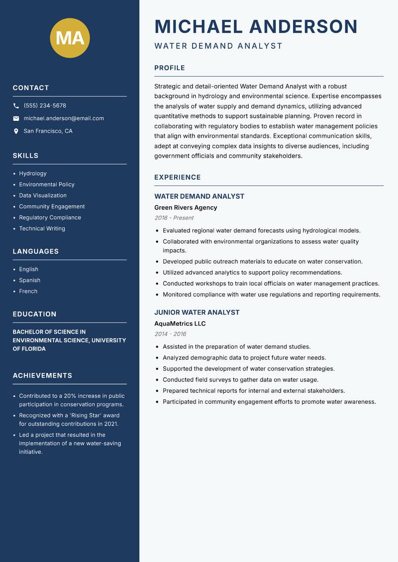 Water Demand Analyst resume template — Classic Clean