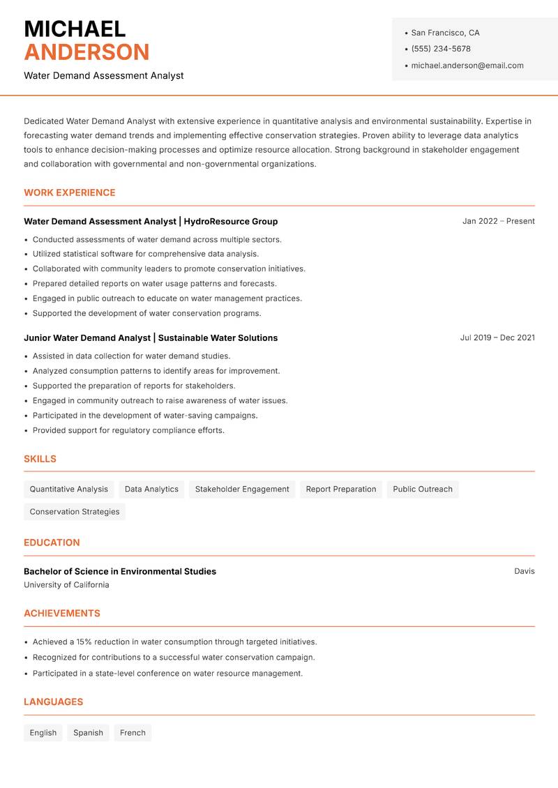 Water Demand Analyst resume template — Modern Professional