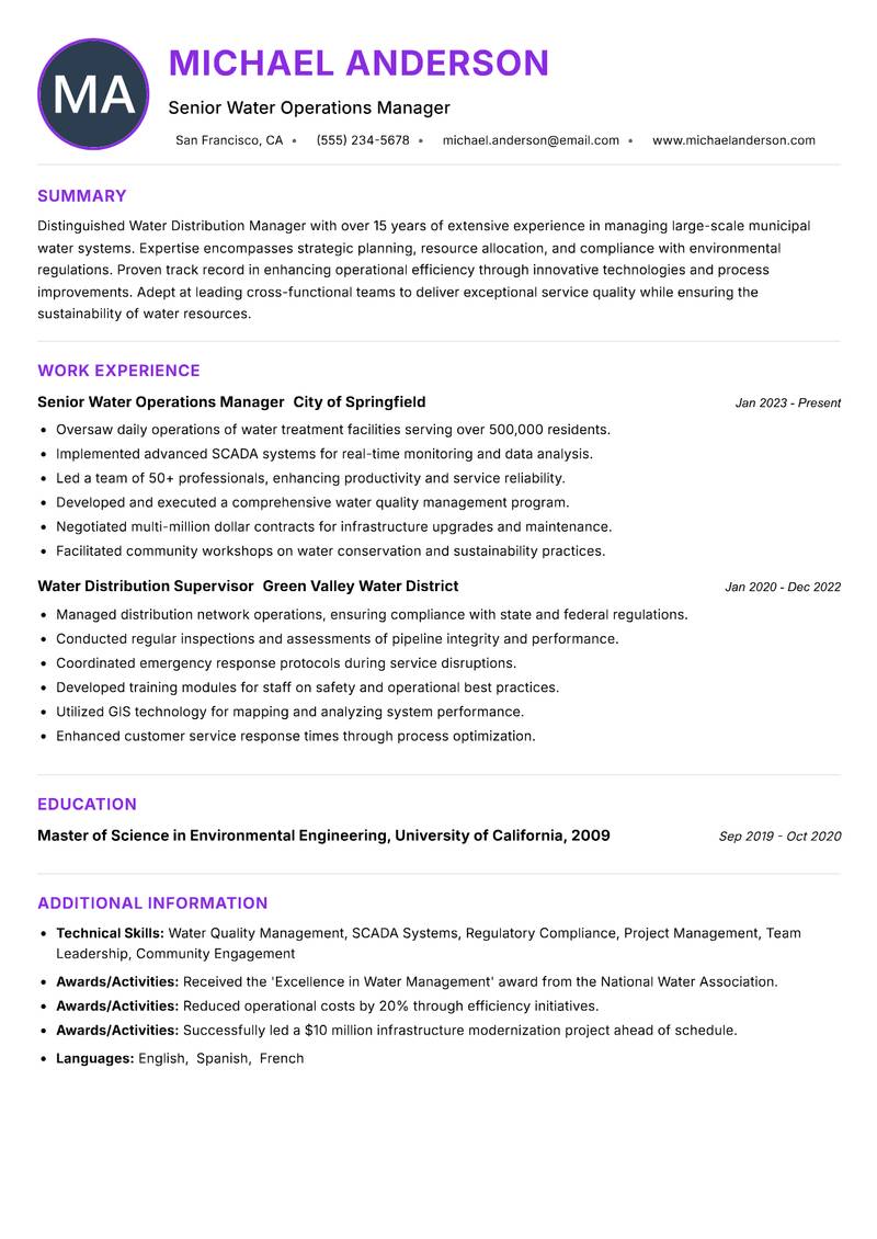 Water Distribution Manager resume example — ATS-friendly template