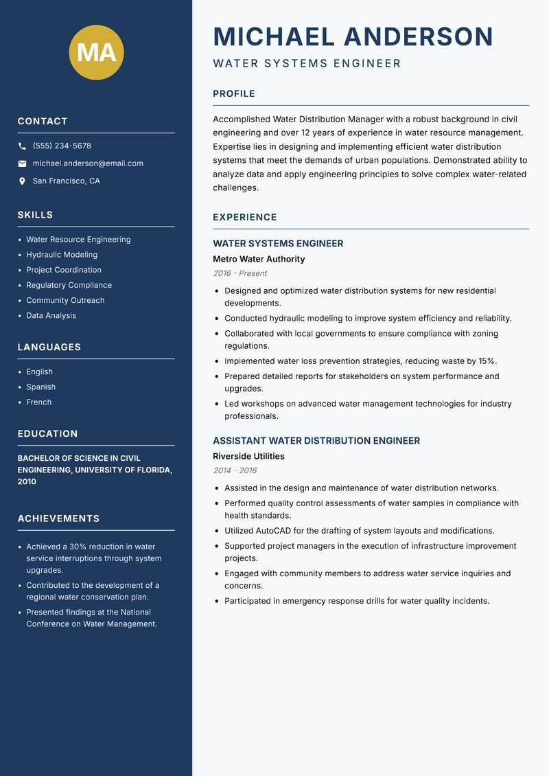 Water Distribution Manager resume template — Classic Clean