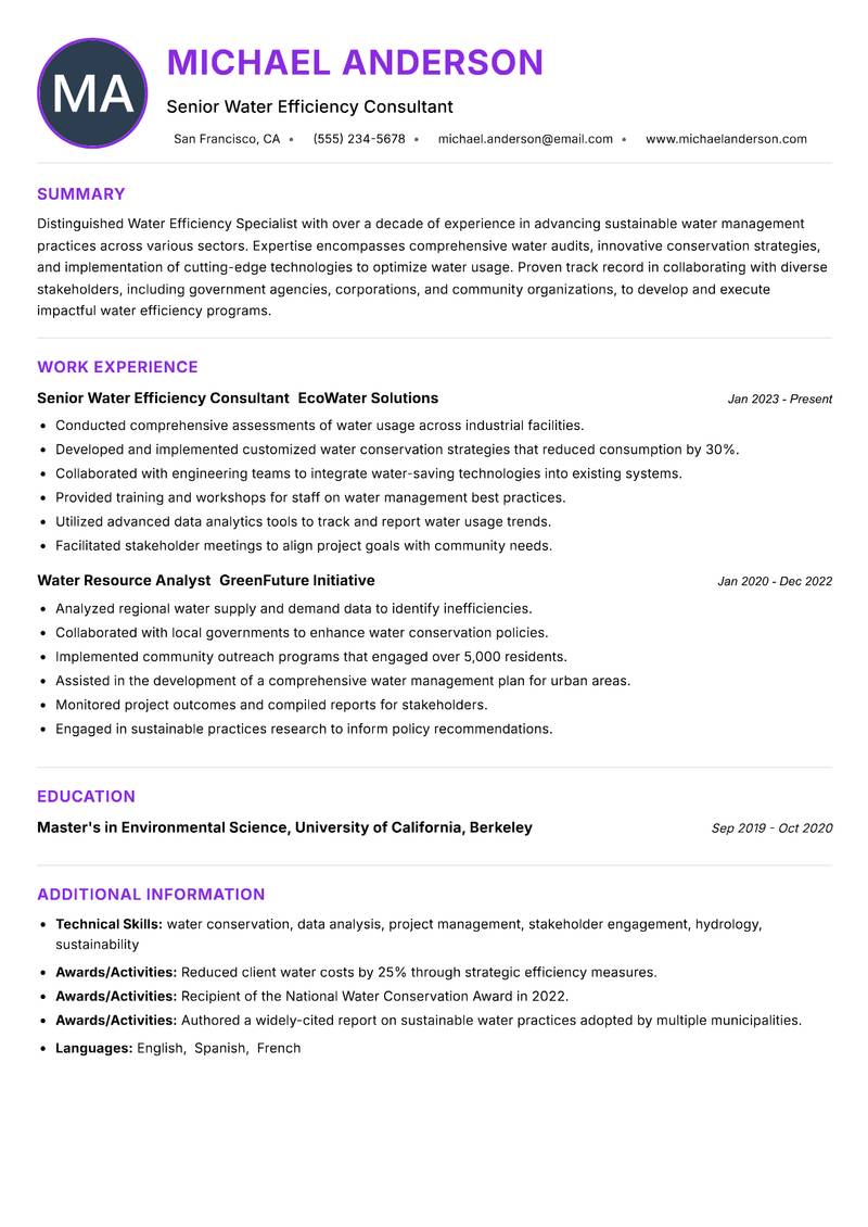 Water Efficiency Specialist resume example — ATS-friendly template