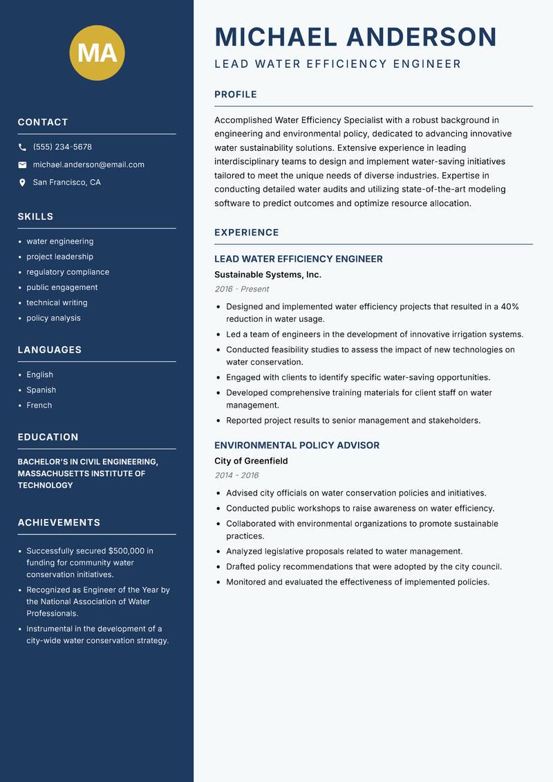 Water Efficiency Specialist resume template — Classic Clean