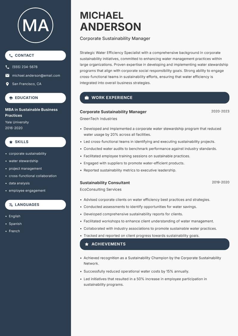 Water Efficiency Specialist resume template — Compact