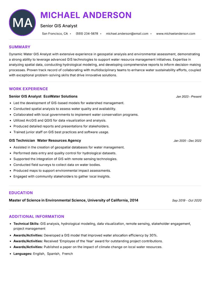 Water GIS Analyst resume example — ATS-friendly template