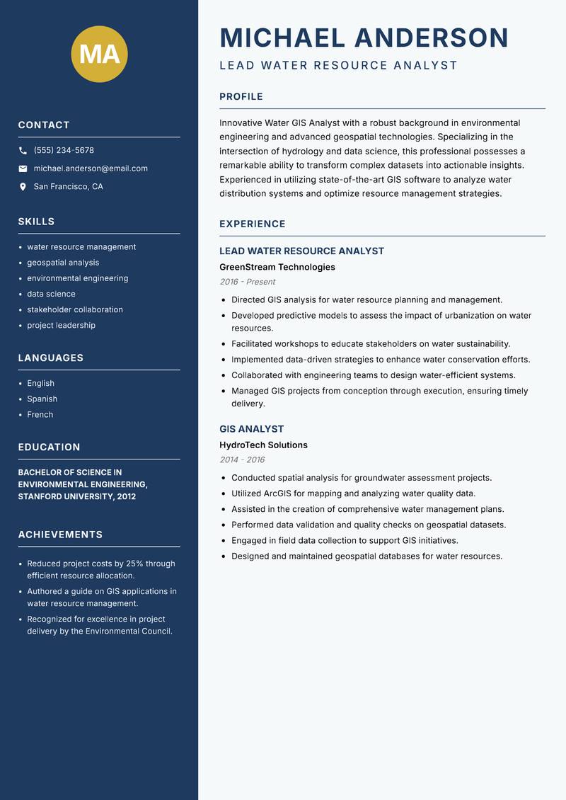 Water GIS Analyst resume template — Classic Clean