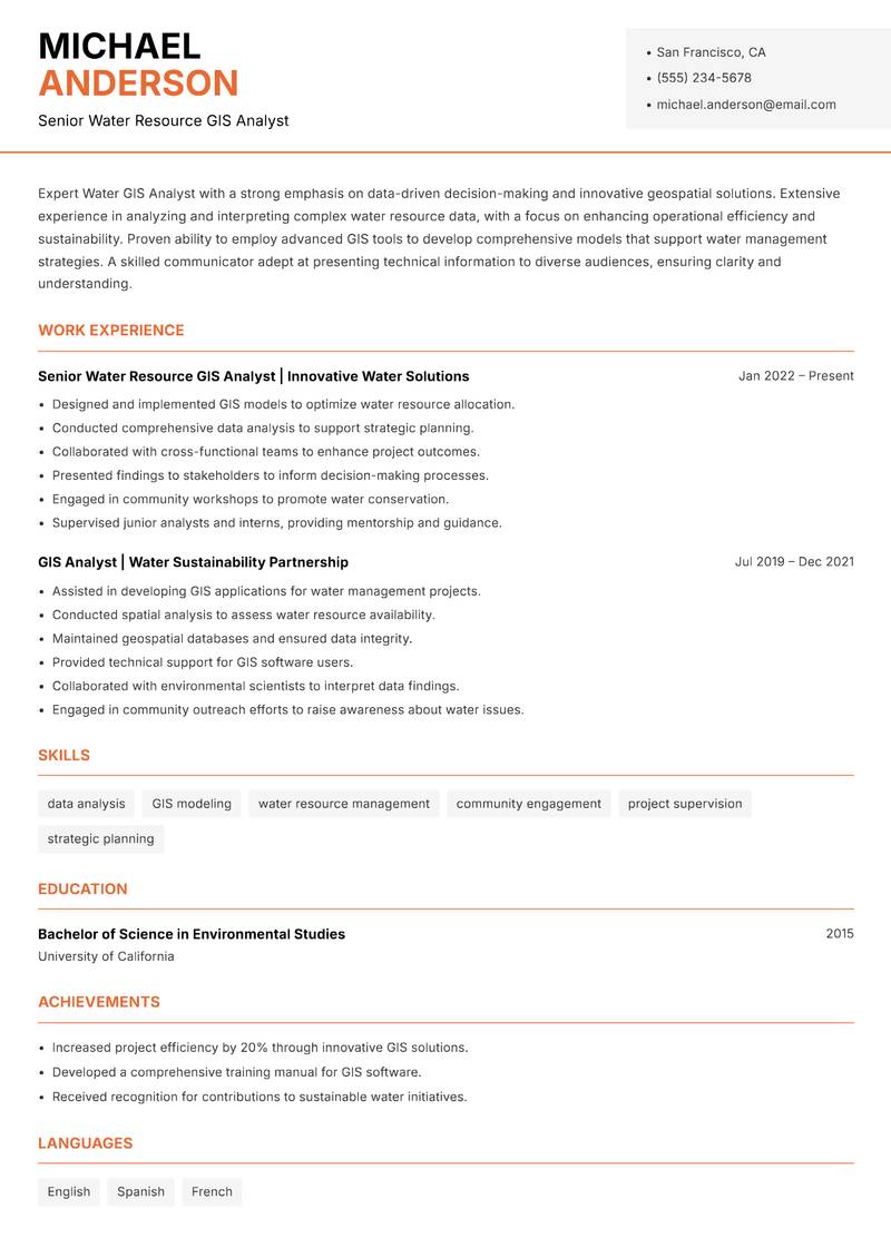 Water GIS Analyst resume template — Modern Professional