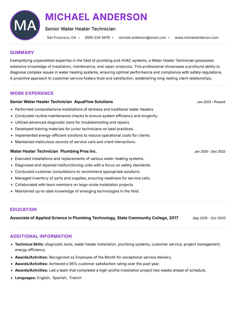 Water Heater Technician resume example — ATS-friendly template