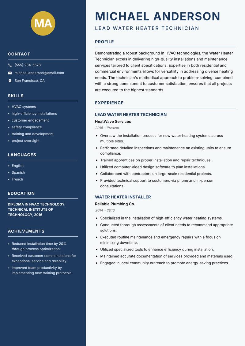 Water Heater Technician resume template — Classic Clean
