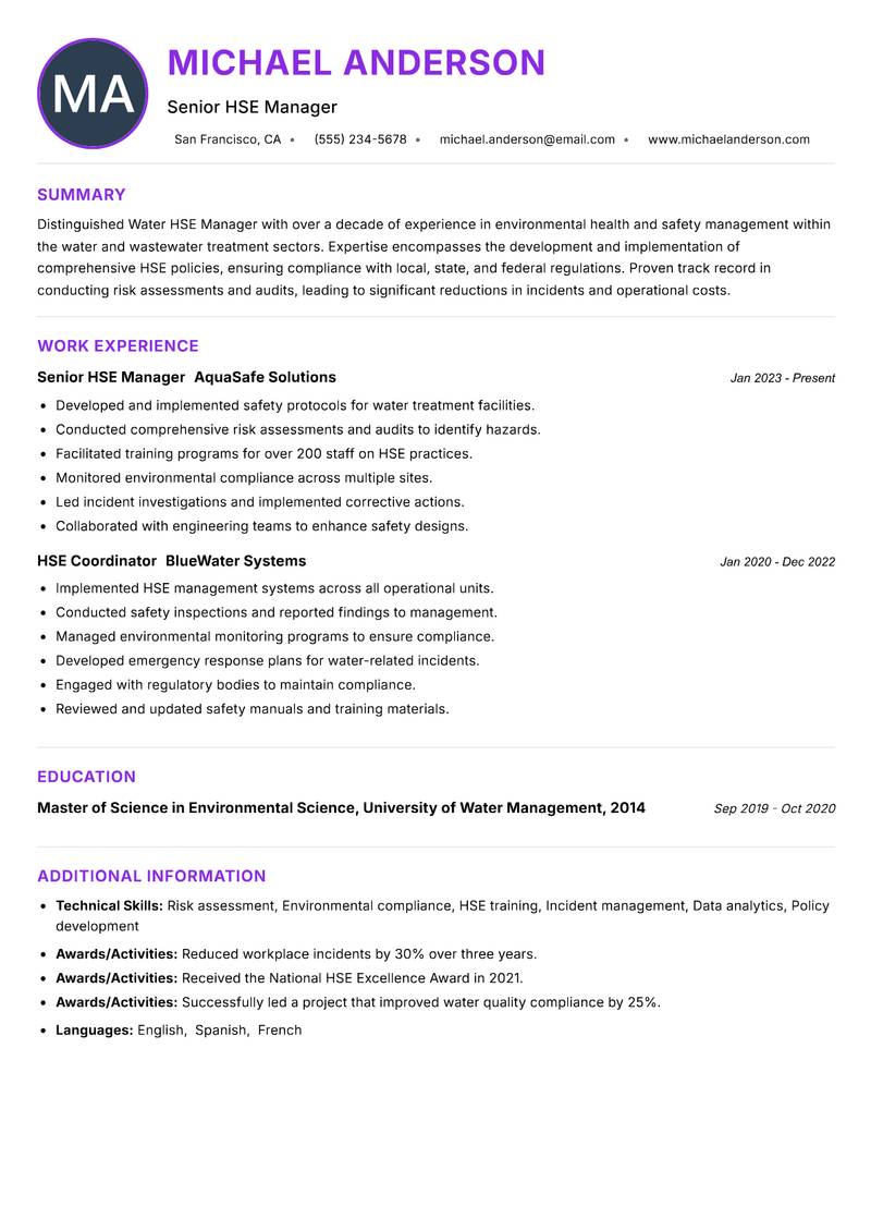 Water HSE Manager resume example — ATS-friendly template
