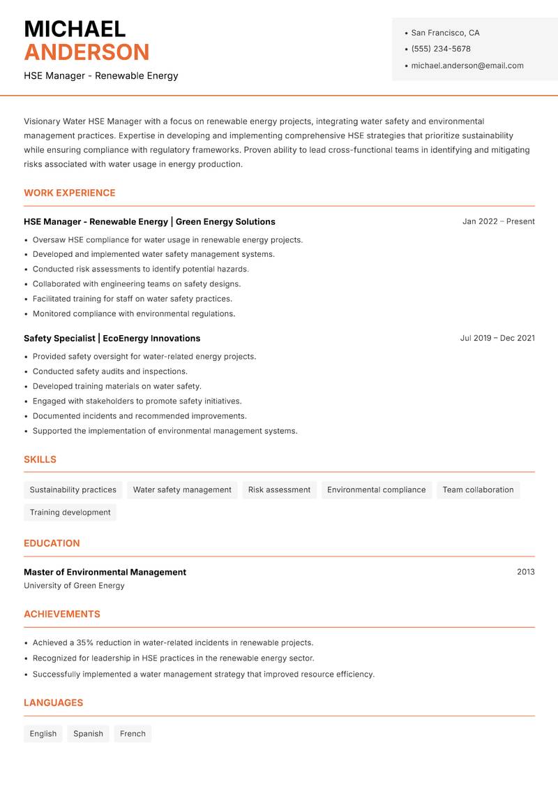 Water HSE Manager resume template — Modern Professional