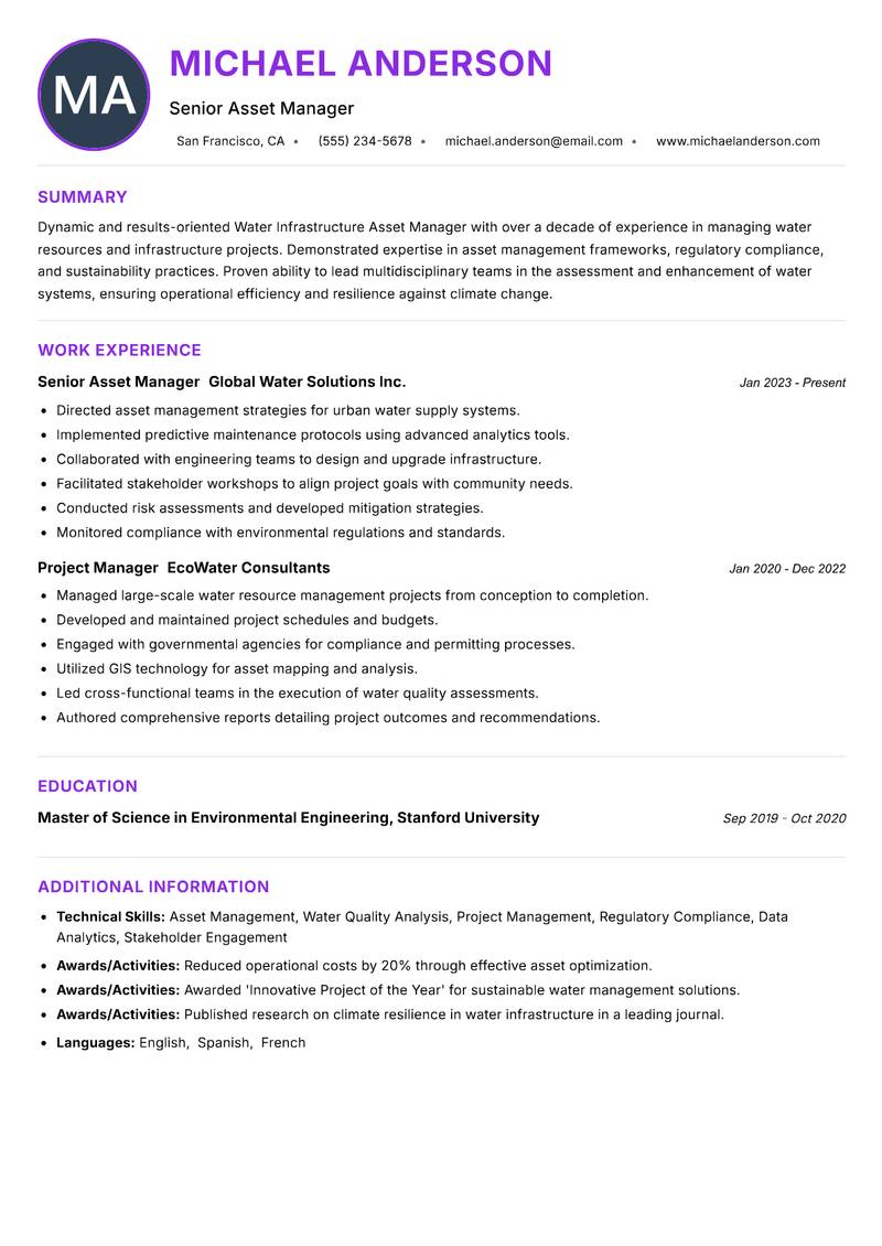 Water Infrastructure Asset Manager resume example — ATS-friendly template